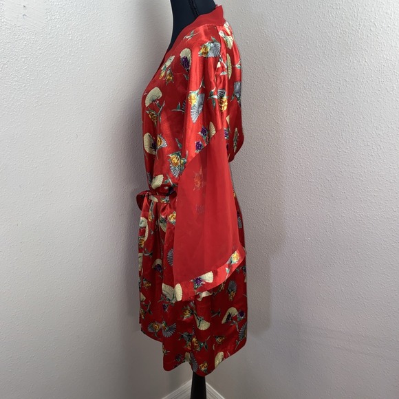 Vintage‎ Delicates Robe Women's XL Red Floral Asian Fan Sensu Sheer Sleeve Y2K - Picture 3 of 9